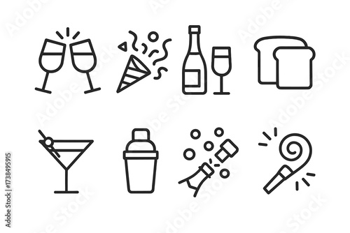 Celebration Drinks Icon Set. Outline icon set of celebration drinks: clinking glasses, party confetti, champagne bottle, toast, cocktail shaker, sparkling