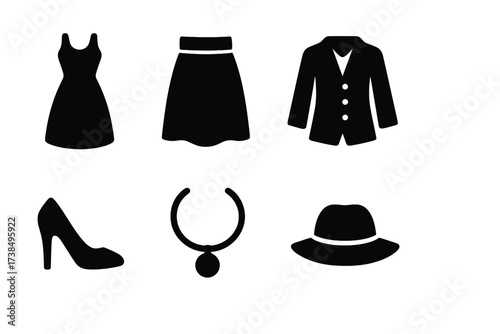 Fashion Icons Grid. Solid, filled icon set of lady fashion: dress, skirt, blouse, coat, heels, jewelry, hat, sunglasses. Solid, filled icons in only black