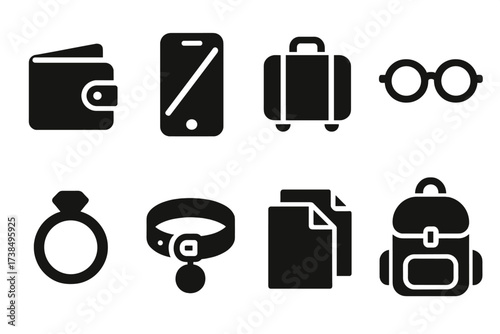 Lost Objects Icons. Solid, filled icon set of lost objects: lost wallet, missing phone, lost luggage, forgotten glasses, dropped ring, lost pet collar, missing