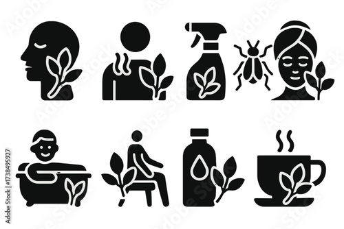 Eucalyptus Icons Set. Solid, filled icon set of eucalyptus uses: aromatherapy, respiratory relief, insect repellent, skin care, relaxation, antiseptic, massage