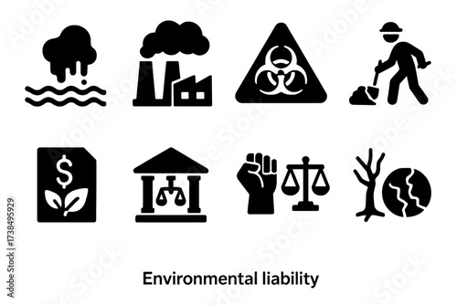 Environmental Liability Icons. Solid, filled icon set of environmental liability: pollution icon, factory emissions, hazard sign, cleanup crew, fine document,