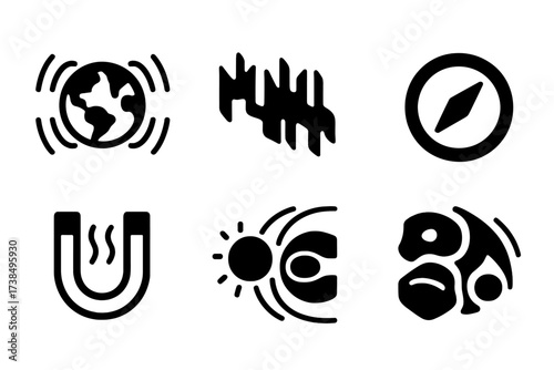 Magnetic Icon Set. Solid, filled icon set of magnetic fields in nature: earth magnetism, aurora, compass needle, magnetic poles, solar wind, geomagnetic storm,