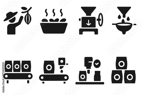 Cocoa Production Icons. Solid, filled icon set of cocoa butter production: cocoa bean harvesting, roasting, pressing machine, filtering, packaging line,