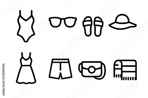 Honeymoon Fashion Icons. Outline icon set of honeymoon fashion: swimsuit, sunglasses, sandals, sunhat, dress, shorts, camera bag, beach towel. Line icons in