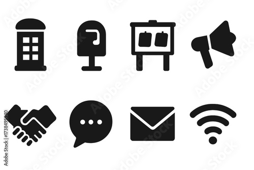 Local Communication Icons. Solid, filled icon set of local communication: telephone booth, mailbox, bulletin board, megaphone, handshake, chat