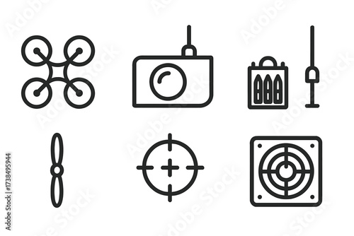 Combat Drone Icons. Outline icon set of combat drone: quadcopter frame, camera lens, missile pod, antenna, propeller blade, targeting system, remote control,