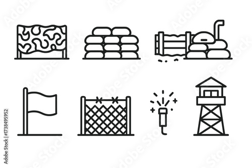 Battlefield Icon Set. Outline icon set of battlefield positioning: camouflage net, sandbags, trench, observation post, command flag, perimeter fence, signal