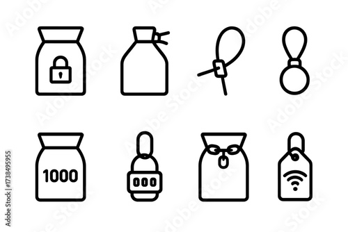 Postal Bag Security Icons. Outline icon set of postal bag security: lock seal, tamper evident tag, zip tie, bag seal, security code, numbered lock, chain