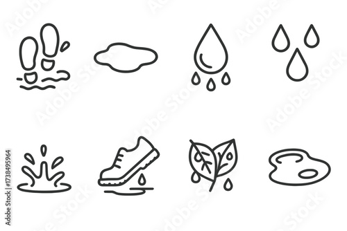Wet and Steampunk Icons. Outline icon set of soaked surfaces: wet footprints, puddle, dripping water, rain drops, water splash, soaked shoe, wet leaves, puddle