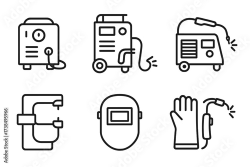 Welding Icons Set. Outline icon set of welding machines: arc welder, MIG welder, TIG welder, plasma cutter, spot welder, welding helmet, welding gloves,