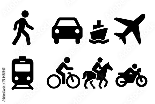 Border Crossing Icons. Solid, filled icon set of border crossing modes: pedestrian, vehicle, boat, airplane, train, bicycle, horse, motorcycle. [Solid, filled