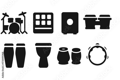 Beat Instruments Icons. Solid, filled icon set of beat instruments: drum kit, electronic drum pad, cajon, bongos, congas, djembe, tabla, tambourine. Solid,