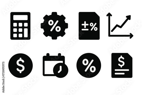 Interest Calculation Icons. Solid, filled icon set of interest calculation: calculator, percentage gear, formula paper, math chart, currency symbol, time