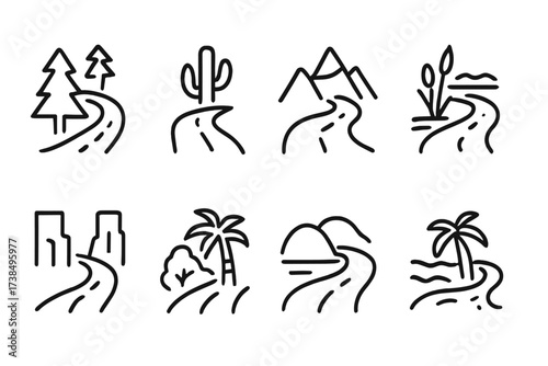 Nature Path Icons. Outline icon set of unknown road settings: forest, desert, mountain, swamp, canyon, jungle, tundra, coastline. Line icons in only black