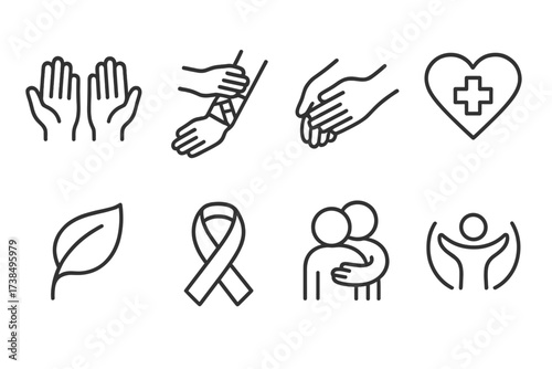 Tender Care Icons. Outline icon set of tender care: nursing hands, bandage, gentle massage, heart with cross, healing leaf, support ribbon, comforting hug,