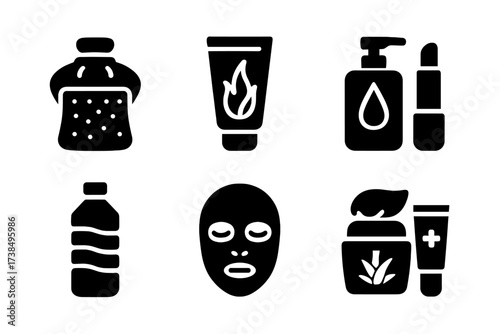 Windburn Treatment Icons. Solid, filled icon set of windburn treatment: cold compress, soothing cream, aloe vera, hydrating lotion, lip balm, water bottle,
