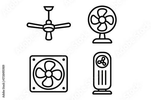 Fan Icon Collection. Outline icon set of fan types: ceiling fan, desk fan, exhaust fan,