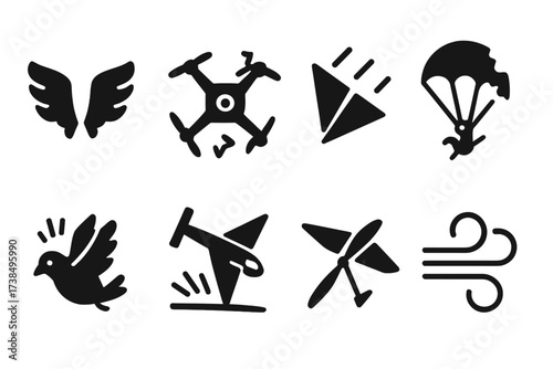 Failed Flight Icons. Solid, filled icon set of failed flight attempts: crumpled wings, broken drone, falling paper plane, snapped propeller, scorched