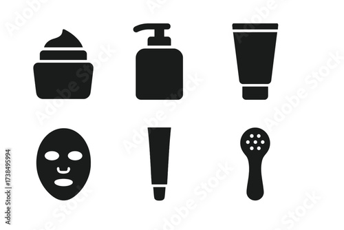 Gentle Skincare Icons. Solid, filled icon set of gentle skincare: cream jar, lotion pump, cotton pad, moisturizer tube, face mask, eye cream, balm stick,