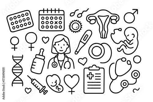 Family Planning Icons. Hand-drawn doodle illustration Family planning and reproductive care contraception pill, calendar, pregnancy test, uterus, sperm, egg