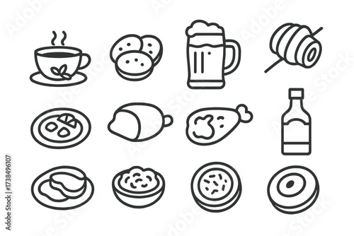 Nordic Icon Series. Outline icon set of Finnish beverages: coffee cup, berry juice, mineral water bottle, beer mug, herbal tea, cocktail glass, milk bottle,