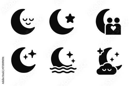 Moonlight Emotions Icons. Solid, filled icon set of moonlight emotions and moods: calmness, mystery, solitude, romance, magic, tranquility, reflection,