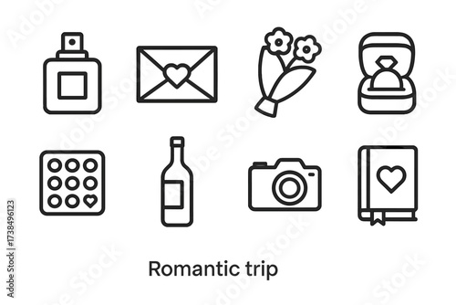 Romantic Trip Icons. Outline icon set of romantic trip essentials: perfume, love letter, bouquet, ring box, chocolates, wine bottle, camera, diary. Line icons