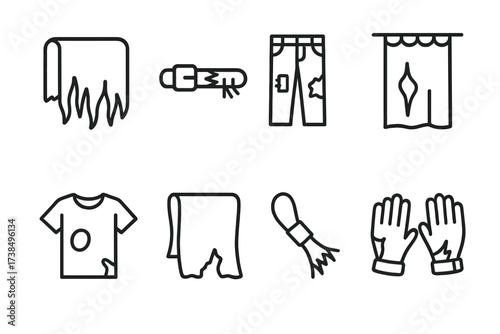 Worn Fabric Icons. Outline icon set of worn and torn fabrics: shredded rag, frayed belt, patched jeans, ripped curtain, holey shirt, old towel, broken strap,