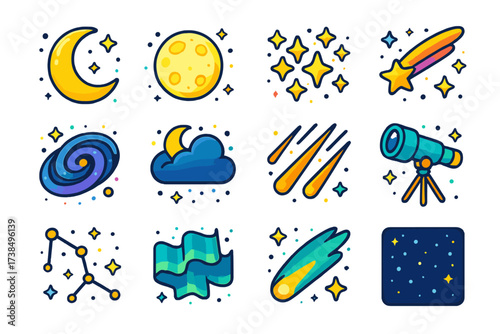 Night Sky Icons. Night sky. Colorful isometric vector icons set of night sky: crescent moon, full moon, stars cluster, shooting star, galaxy swirl, cloudy