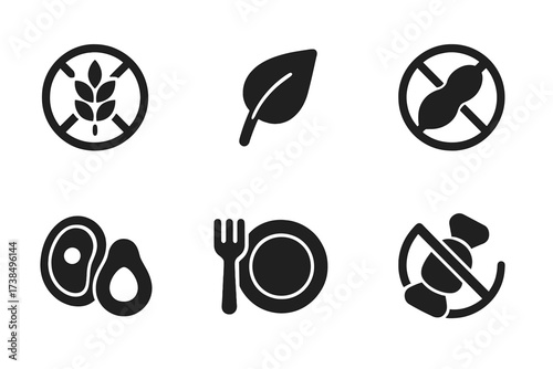 Dietary Restriction Icons. Solid, filled icon set of dietary restrictions: gluten-free sign, vegan leaf, lactose-free milk, nut-free symbol, keto diet icon,