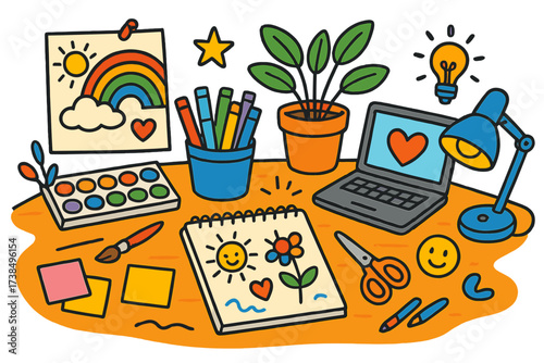 Creative Workspace Doodle. Creative workspace. Colorful Hand-drawn doodle Children illustration creative workspace colorful desk, paints, sketchbook, markers,