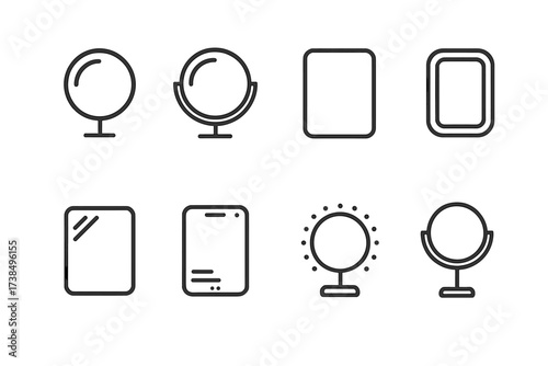 Mirror Icon Set. Outline icon set of mirror types: convex mirror, concave mirror, flat mirror, beveled mirror, tinted mirror, smart mirror, lighted mirror,