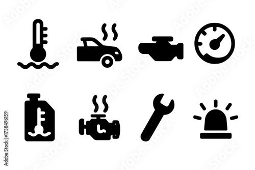 Vehicle Overheating Icons. Solid, filled icon set of vehicle overheating: engine temperature, steam from hood, radiator cap, broken gauge, coolant bottle,