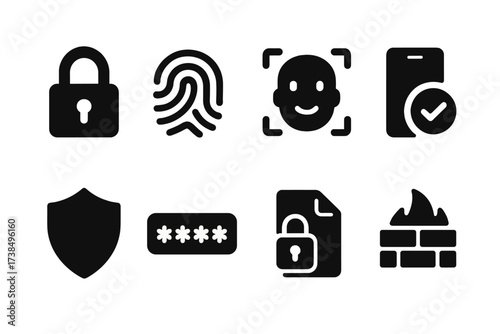Finance Security Icons. Solid, filled icon set of finance app security: lock, fingerprint, face recognition, two-factor authentication, shield, password,