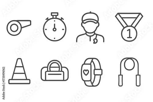 Sports Discipline Icons. Outline icon set of discipline in sports: whistle, stopwatch, coach, medal, training cone, gym bag, fitness tracker, jump rope. Line