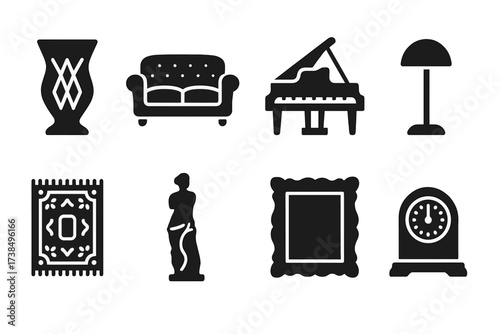 Luxury Home Icons. Solid, filled icon set of luxury home decor: crystal vase, velvet sofa, grand piano, designer lamp, Persian rug, marble statue, gold frame,
