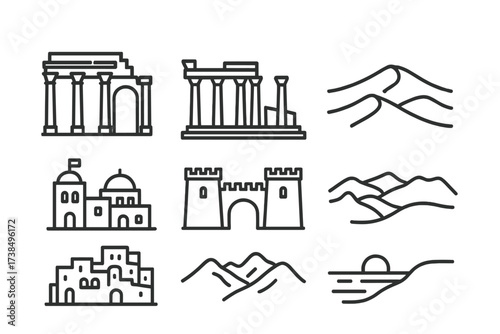 Libyan Landmarks Icons. Outline icon set of Libyan landmarks: Leptis Magna ruins, Cyrene ruins, Sahara desert dunes, Tripoli medina, Red Castle, Ghadames old