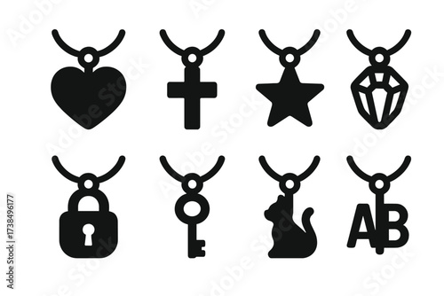 Black Pendant Icons. Solid, filled icon set of necklace pendants: heart, cross, star, gemstone, lock, key, animal, initials. Solid, filled icons in only black