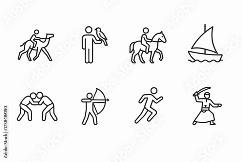Yemeni Sports, Egyptian Wildlife. Outline icon set of Yemeni sports: Camel racing, Falconry, Horse riding, Dhow sailing, Traditional wrestling, Archery,
