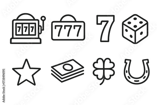Fortune Game Icons. Outline icon set of fortune game elements: slot machine, jackpot, lucky seven, dice, star, money stack, four-leaf clover, horseshoe. Line