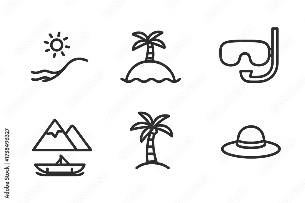 Obraz premium Filipino Tourism Icons. Outline icon set of Filipino tourism: beach, island, snorkel mask, mountain, waterfall, boat, coconut tree, sunhat. Line icons in only