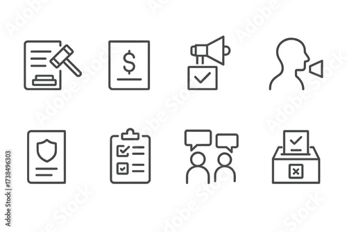 Public Policy Icons. Outline icon set of public policy: legislation, budget, referendum, public hearing, policy paper, survey, debate, election ballot. Line
