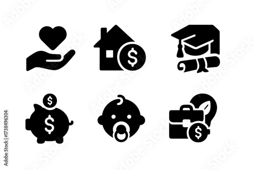 Tax Deductions Icons. Solid, filled icon set of tax deductions and credits: charity donation, home mortgage, education expense, medical bills, retirement