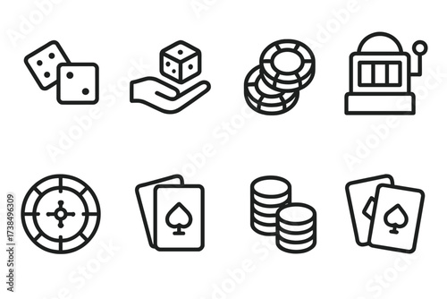 Gambling Icon Set. Outline icon set of roll gambling: dice, dice hand, poker chips, slot machine lever, roulette wheel, card deck, chips stack, playing cards.