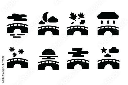 Iconic Bridge Scenes. Solid, filled icon set of old bridge scenes: dawn mist, moonlight glow, autumn leaves, rainy day, snowy crossing, sunset reflection,