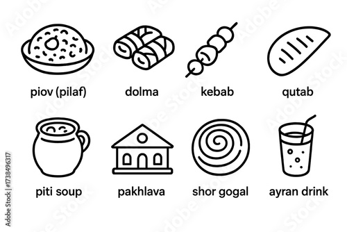 Azerbaijani Cuisine and Culture. Outline icon set of Azerbaijani cuisine: plov (pilaf), dolma, kebab, qutab, piti soup, pakhlava, shor gogal, ayran drink. Line