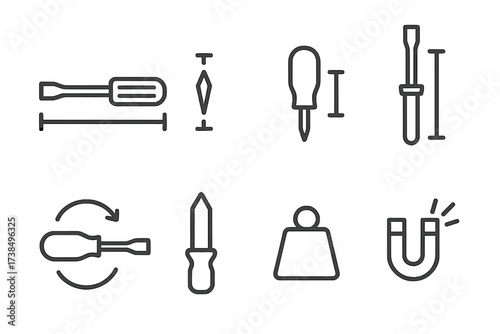 Screwdriver Icon Set. Outline icon set of screwdriver measurements: length, tip size, handle diameter, shaft thickness, torque capacity, bit size, weight,