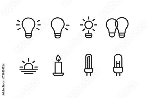 Light Bulb Icons. Outline icon set of color temperature: warm light bulb, cool light bulb, daylight bulb, mixed lighting, sunset, candlelight, fluorescent
