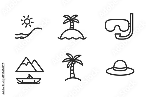 Filipino Tourism Icons. Outline icon set of Filipino tourism: beach, island, snorkel mask, mountain, waterfall, boat, coconut tree, sunhat. Line icons in only