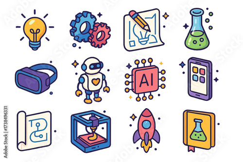 Colorful Innovation Icons. Innovation. Colorful isometric vector icons set of innovation: glowing lightbulb, gears, design sketch, test tube, VR headset,